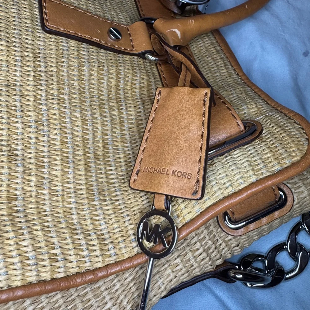 Michael Kors Straw Hamilton Tote Large Tan Leather Trim Satchel - Picture 8 of 10